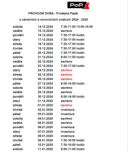 VÁNOČNÍ otevírací doba - prodejna Papík