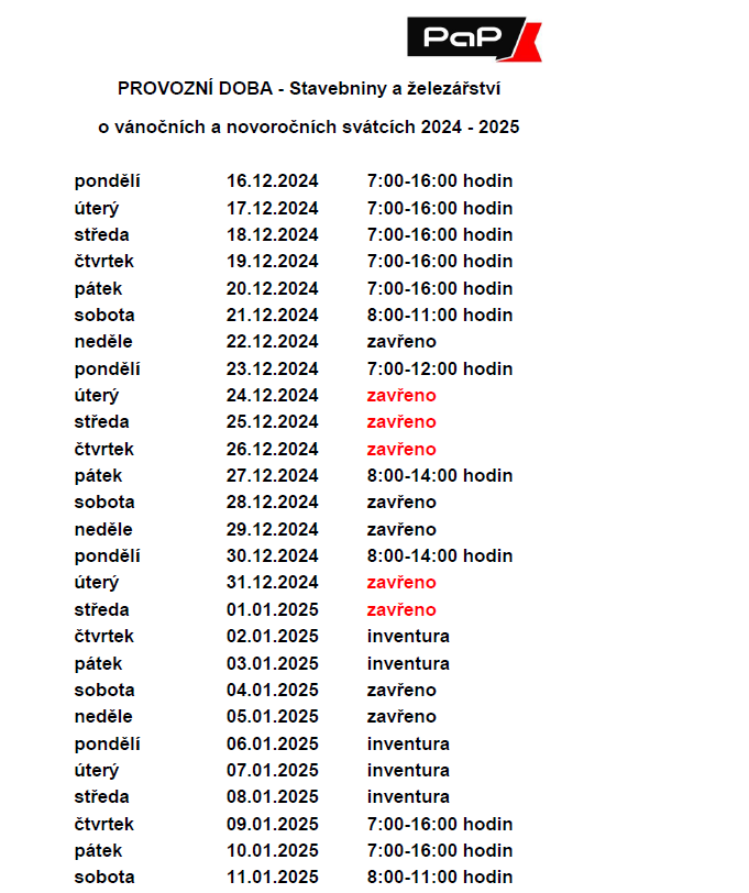 VÁNOČNÍ otevírací doba - prodejna Stavebniny a železářství