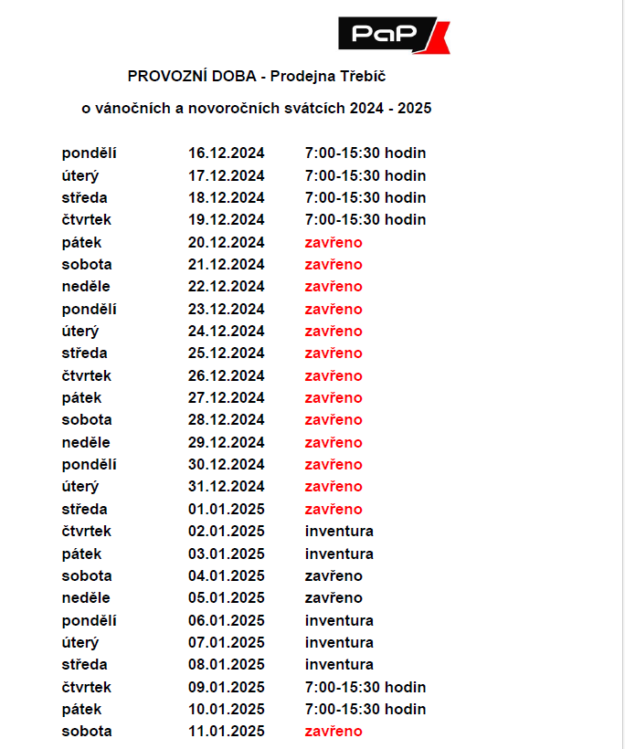 VÁNOČNÍ otevírací doba - pobočka Třebíč